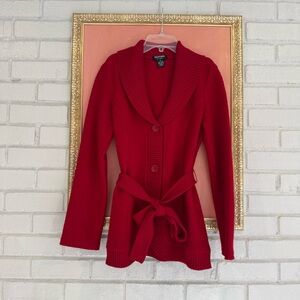 NEW Vintage 100% Wool Red Clothes by Revue Belted Button Up Cardigan Sweater